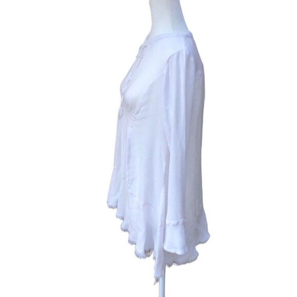 Silver Jeans Co Bell Sleeve Split Neck Raw Hem Peasant Top Women’s Sz Small - Picture 3 of 7